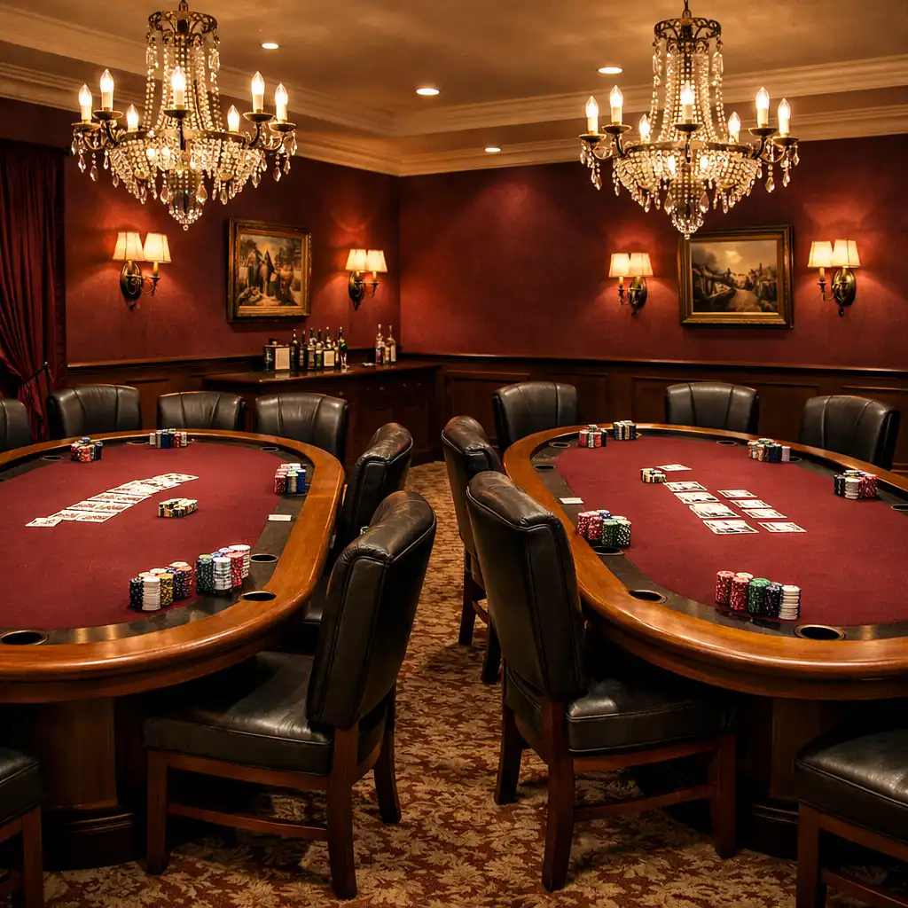 Sala Burgundowa z dwoma stołami do pokera, burgundowymi akcentami i eleganckimi żyrandolami