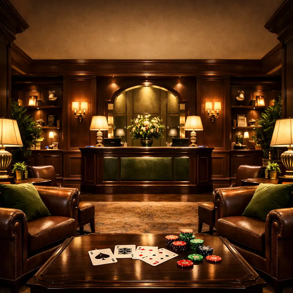 Eleganckie lobby hotelu Royal Rest Hotel z ciemnym drewnem, skórzanymi fotelami i subtelnymi kartami do gry na stoliku