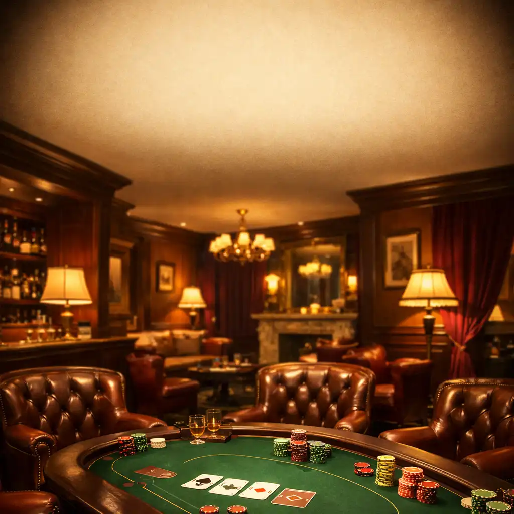 Eleganckie wnętrze butikowego hotelu z ciepłym oświetleniem, ciemnym drewnem i stołem pokerowym