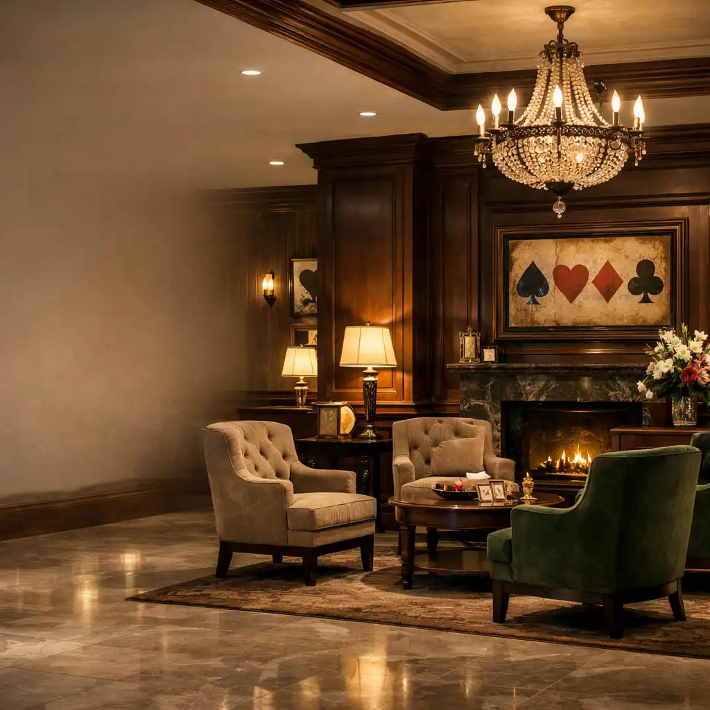 Hol hotelowy Royal Rest z eleganckimi fotelami, ciemnym drewnem, żyrandolem i ciepłym oświetleniem