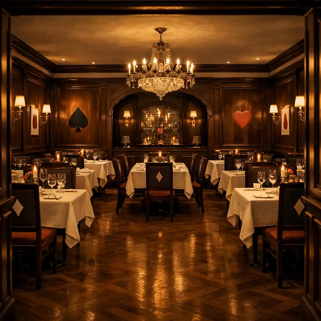 Główna sala restauracyjna Royal Rest Hotel z ciemnymi panelami i eleganckimi stolikami