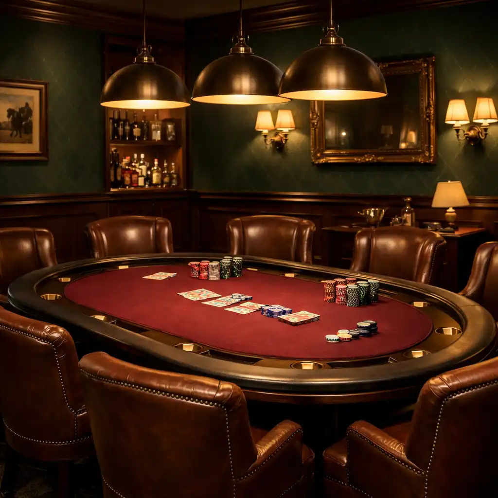 Elegancki poker lounge w Royal Rest Hotel z profesjonalnym stołem do pokera, skórzanymi fotelami i ciepłym oświetleniem