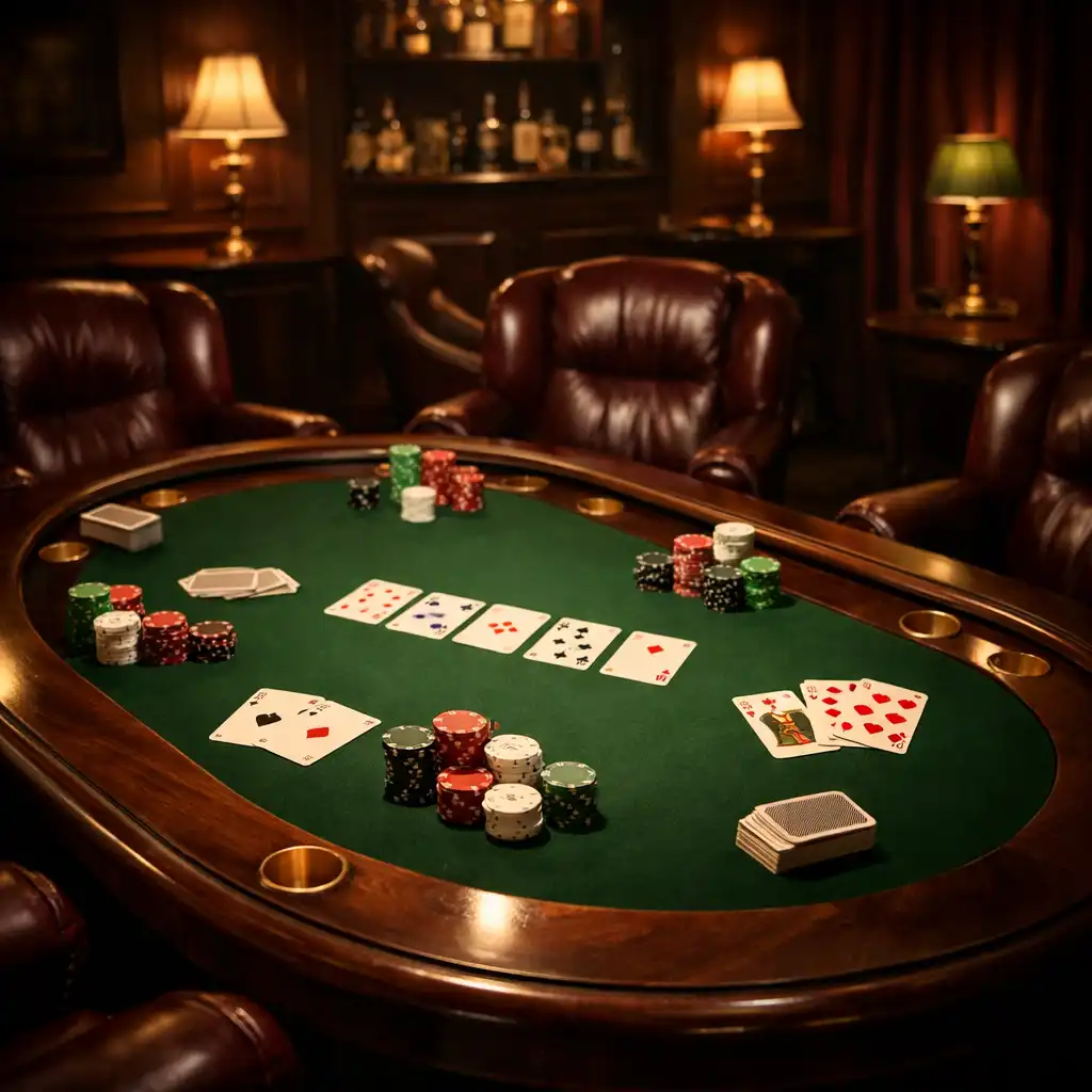 Stół pokerowy z zielonym suknem, kartami i żetonami w eleganckim pomieszczeniu