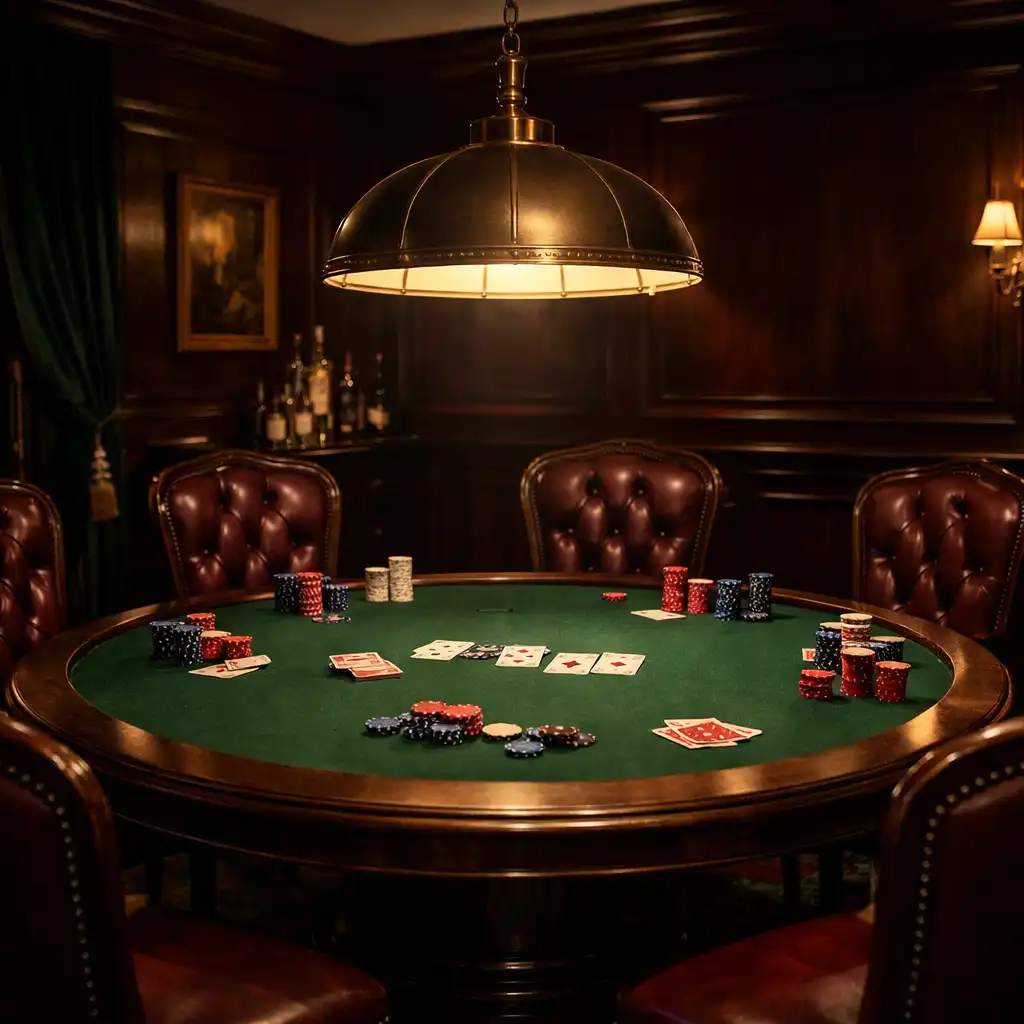 Ekskluzywny Poker Lounge z okrągłym stołem, zielonym suknem, kartami i żetonami