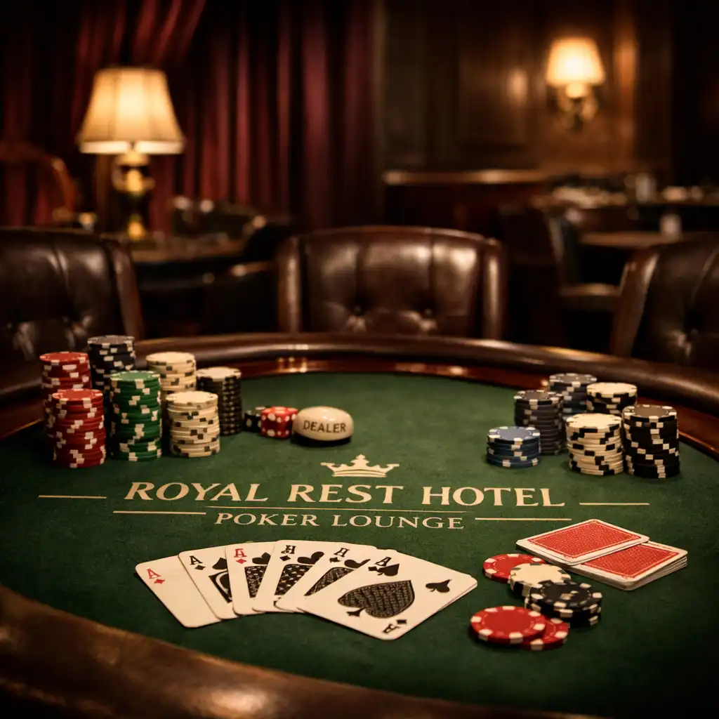 Wnętrze Poker Lounge z profesjonalnym stołem pokerowym, żetonami i skórzanymi krzesłami