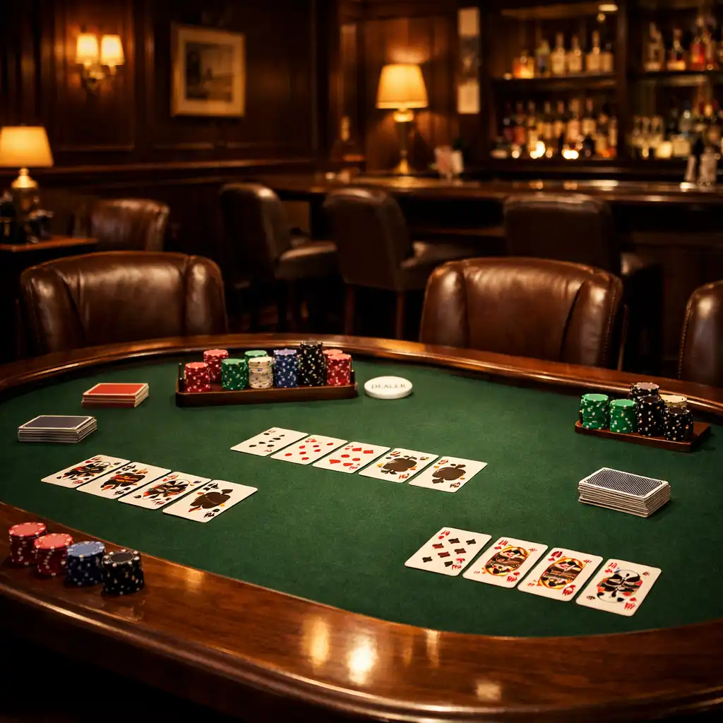 Ekskluzywny Poker Lounge Royal Rest z zielonym stołem do pokera, żetonami, kartami i skórzanymi fotelami