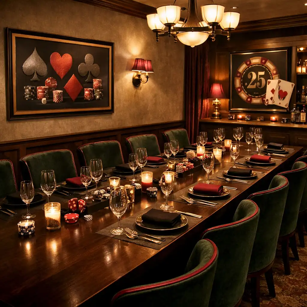 Prywatna sala restauracyjna z długim stołem i subtelnymi akcentami pokerowymi