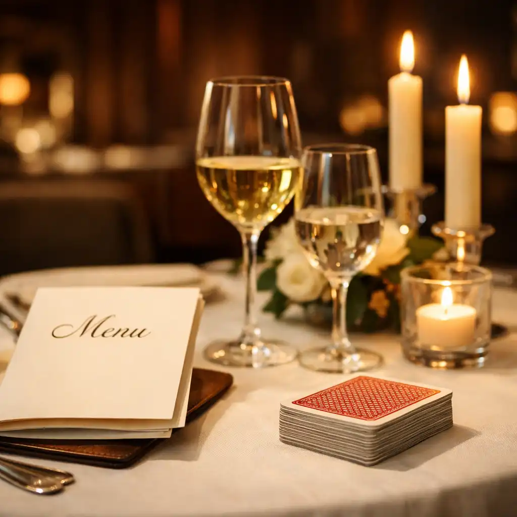 Elegancka restauracja hotelowa z nakrytym stołem, kieliszkami i talią kart obok menu