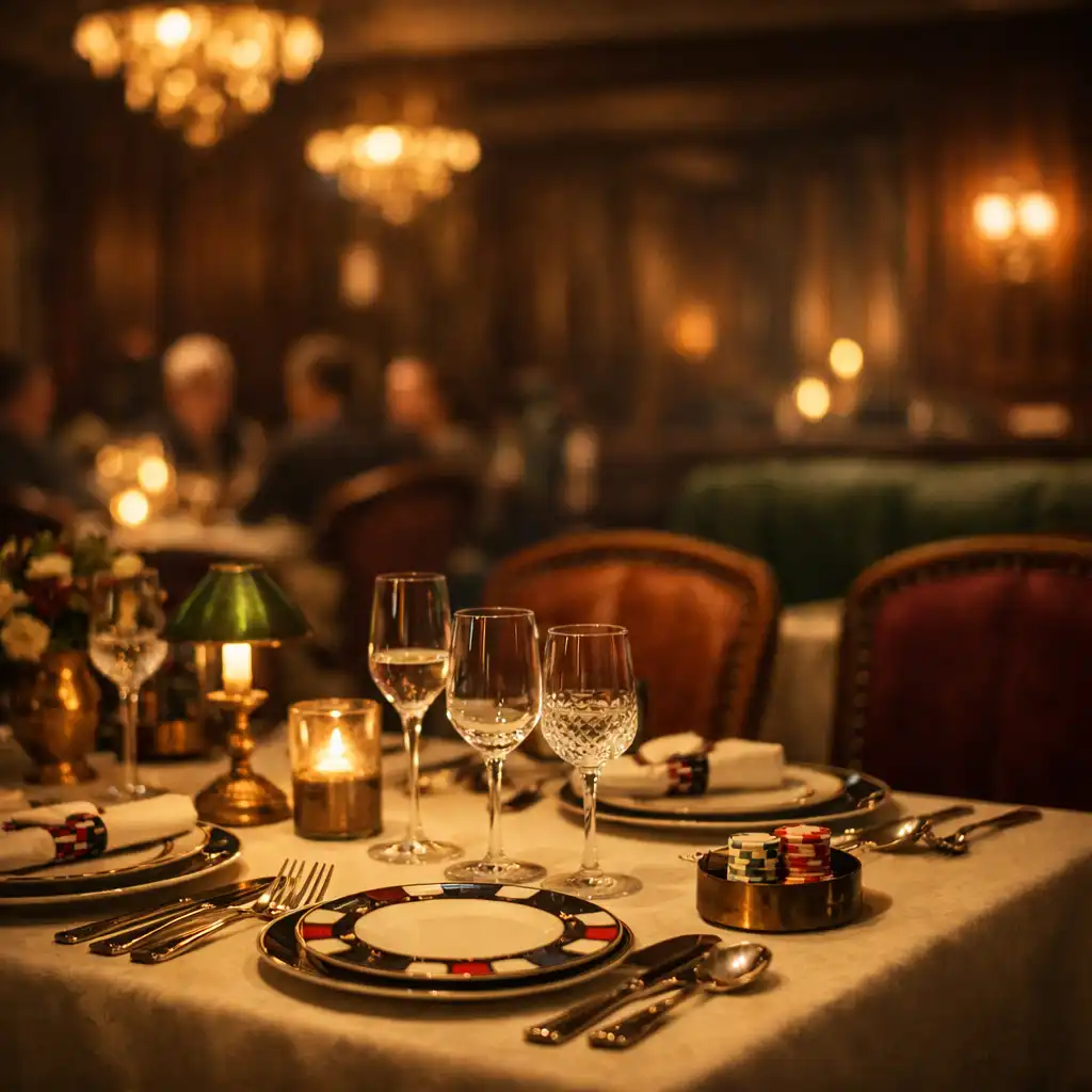 Elegancko nakryty stół w restauracji Royal Rest Hotel z subtelnym motywem żetonu pokerowego