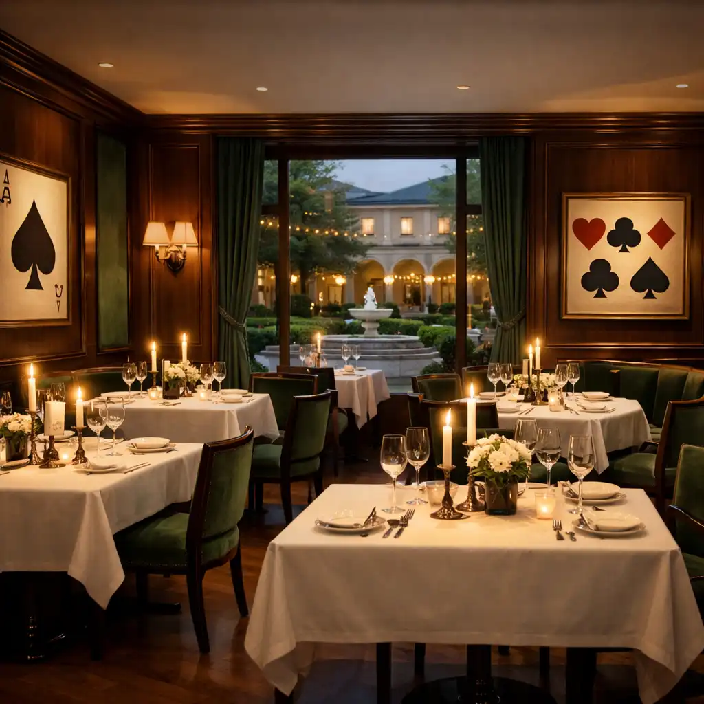 Elegancka restauracja hotelowa Royal Rest z białymi obrusami, świecami, ciemnym drewnem i ciepłym światłem