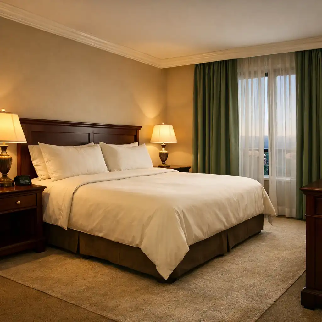 Pokój hotelowy Royal Rest z łóżkiem king-size, pościelą w kolorze kości słoniowej, ciemnymi drewnianymi meblami i zielonymi zasłonami