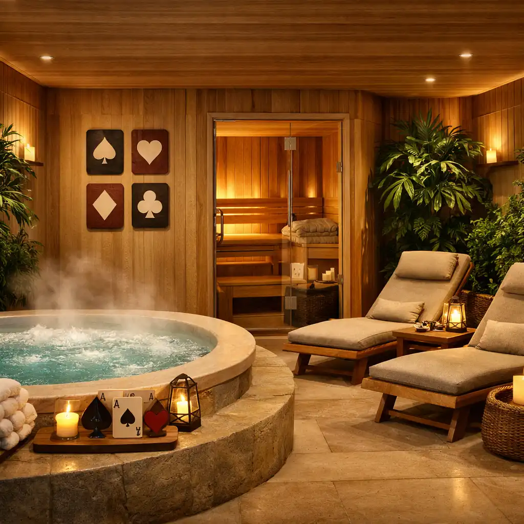 Strefa wellness Royal Rest z jacuzzi, sauną, leżakami, ciepłym drewnem i zielonymi roślinami