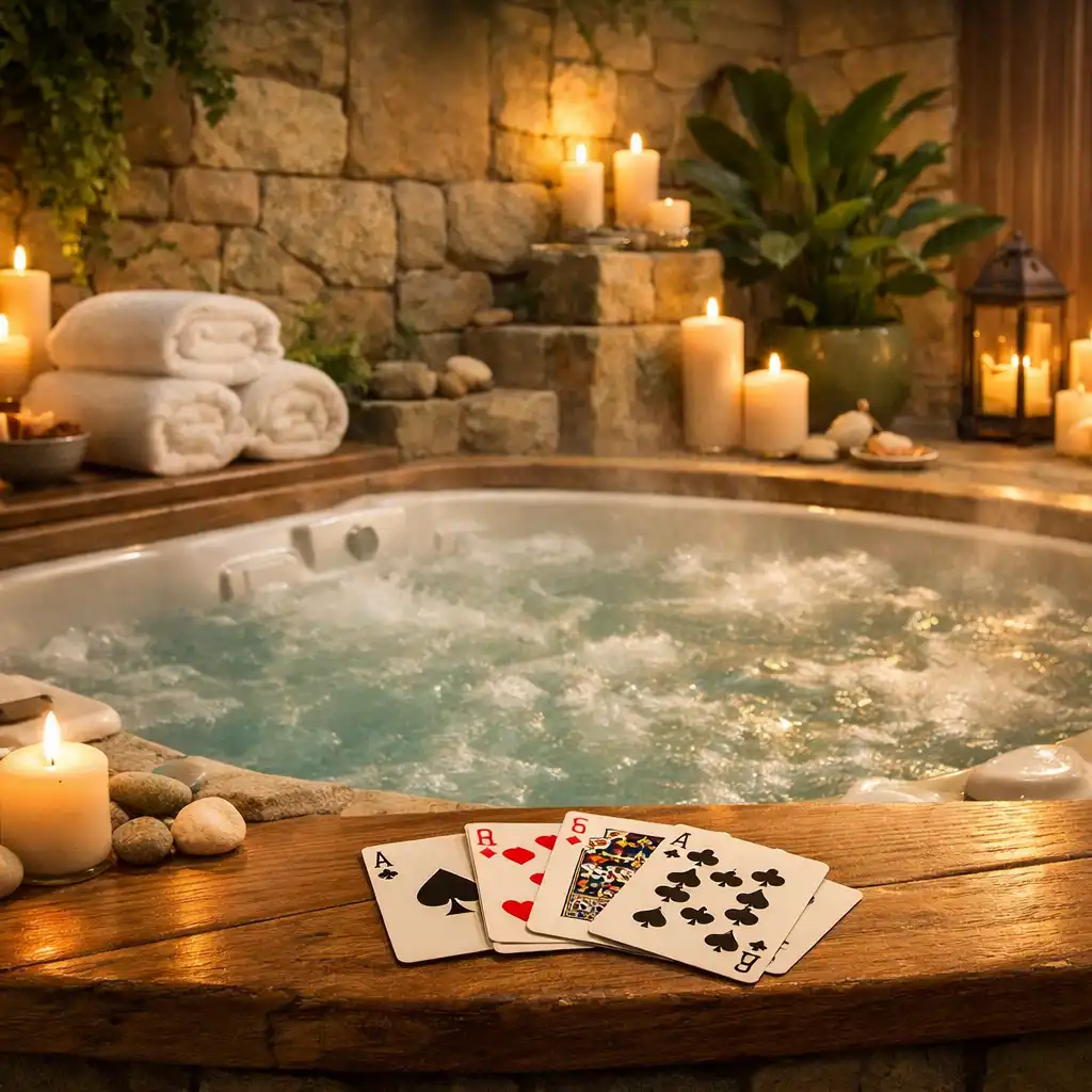 Strefa wellness z jacuzzi, kamieniem, drewnem i kartami do gry na brzegu